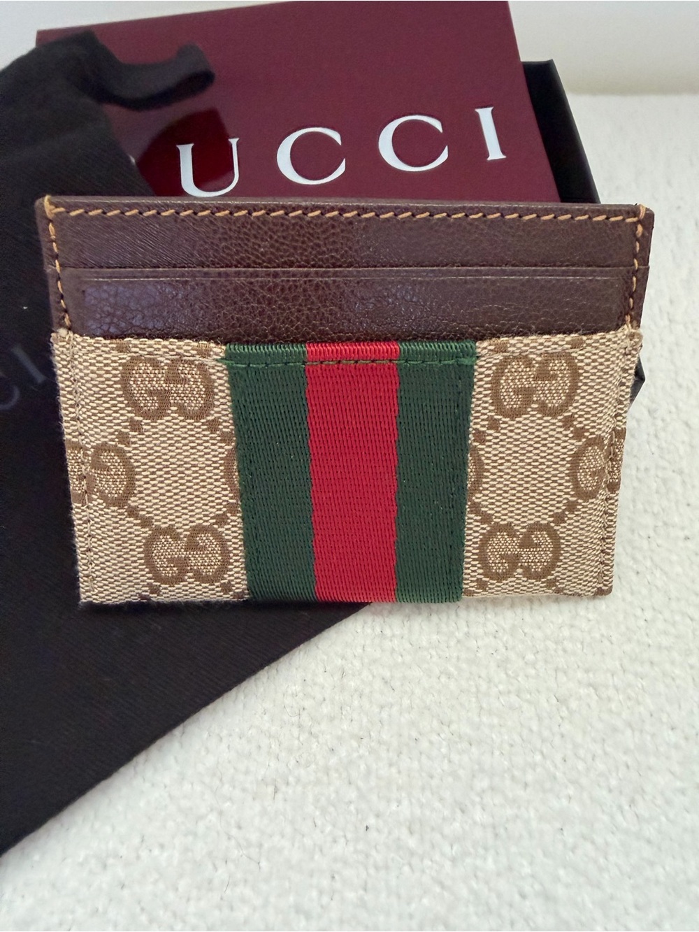 Gucci Beige GG Canvas Card Holder with Green & Red Web Stripe-authentic!